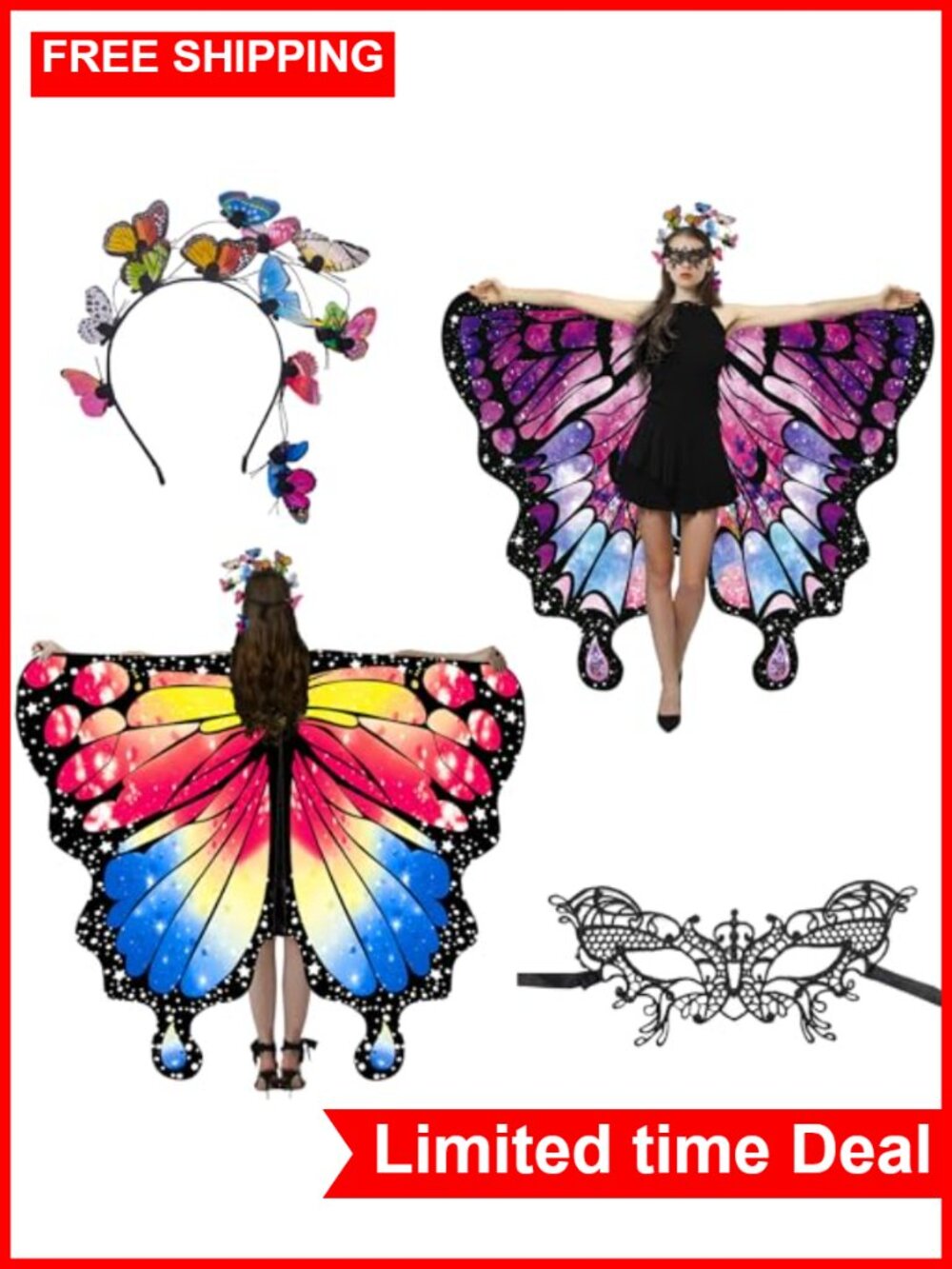 Butterfly Wings Costume for Women Double-Sided Cape with Mask
